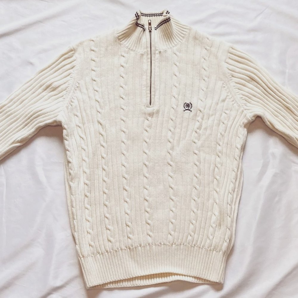 Tommy Hilfiger Crest Pullover Mocknck 1/4 Zip Cable Knit Off White Men Sweater M